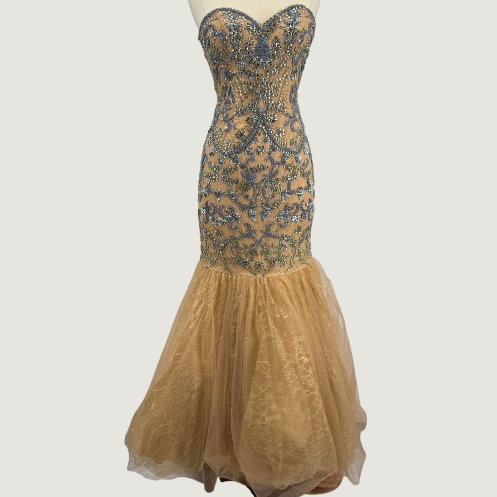 Sherri Hill Beaded Mermaid Formal Gown Nude Gold Sequin Sweetheart Dress 0